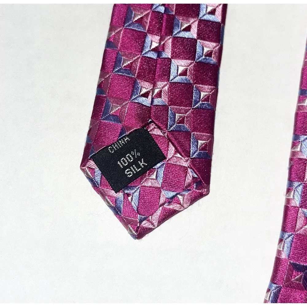 Hickey Freeman Tie‎ Men's OS Pink Geometric AOP 100% Silk Professional Office